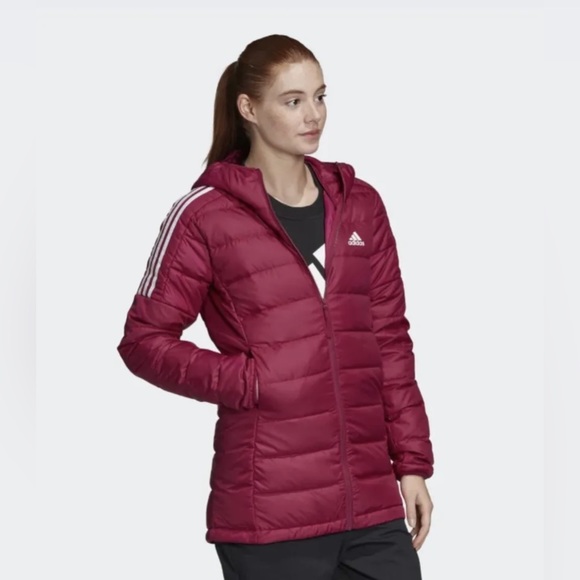 Adidas Essential Light Down Hooded Parka Jacket Berry GH4592 Womens sz Small - Picture 4 of 4